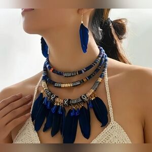 New! Elegant Blue Feather Necklace and Earring Set NWT